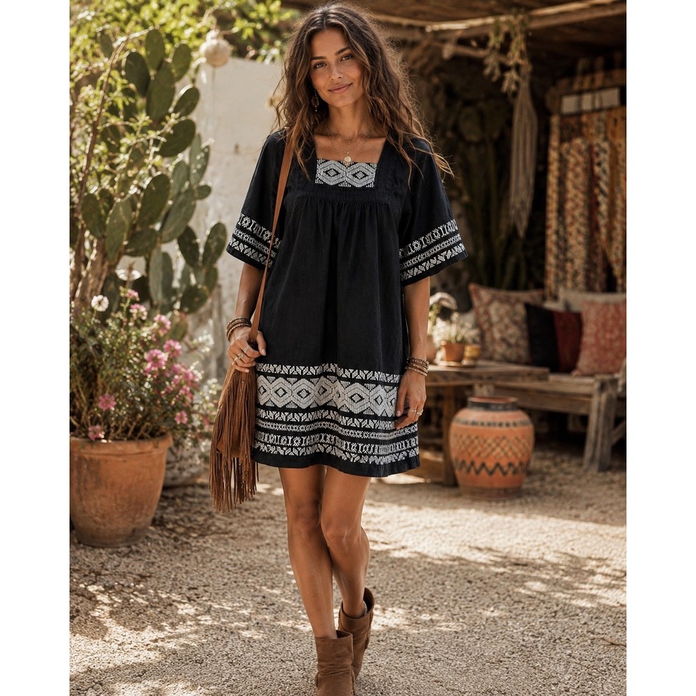 Topshop Moto Black Embroidered Cotton Tunic Dress Boho Folk Festival US 8 artsy